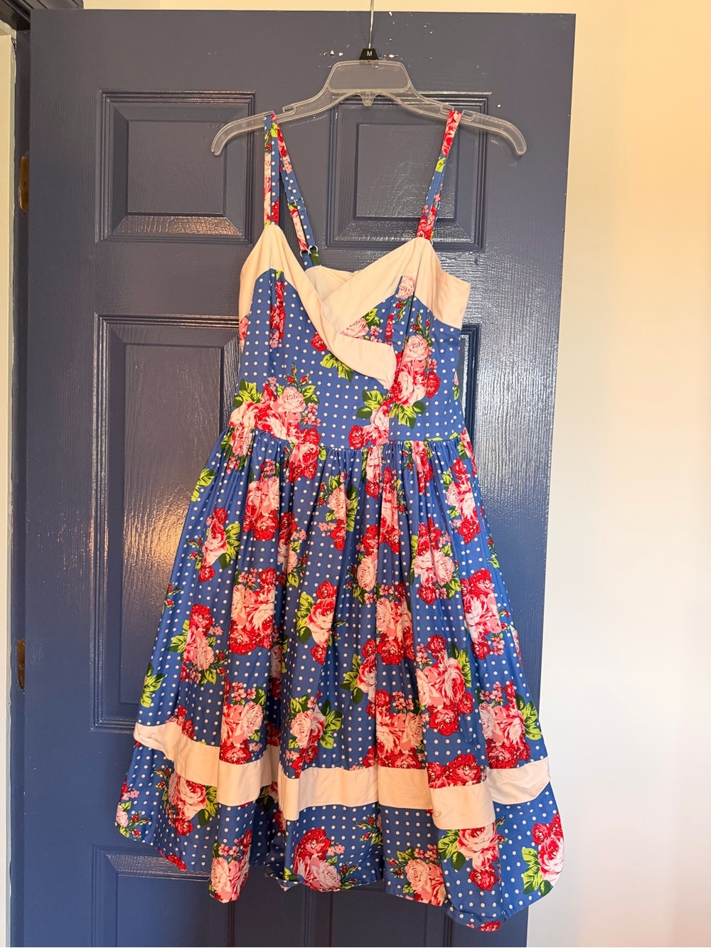 Unique Vintage Blue Floral Midi Sundress with white Trim